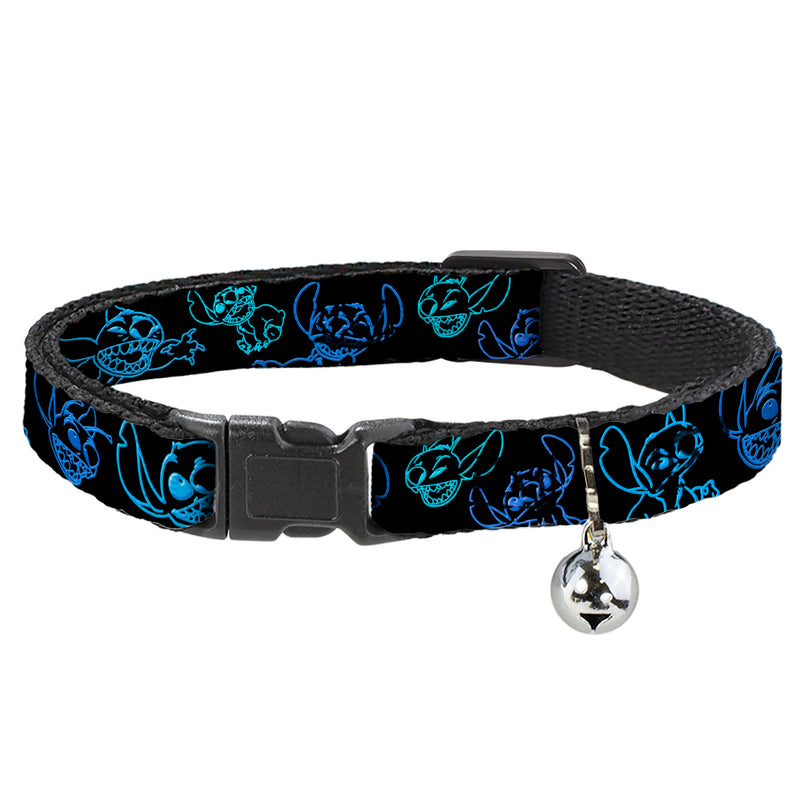 Disney Breakaway Cat Collar with Bell, Plastic Clip, Easy Adjustable, Electric Stitch Poses Black Neon Blue, 8.5 to 12 Inches 0.5 Inch Wide