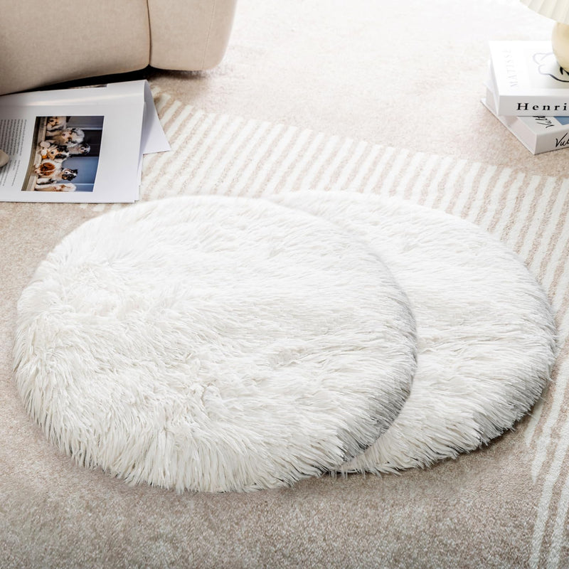Warfort 2PCS Round Plush Pet Mat Thin Style Pad Mat for Cats, Small Dogs, Rabbits, Guinea Pigs, Washable Soft Sofa pad, for Crate Cat Tree Tower Window Perch (White, Small (15.8inch) - 2pcs)