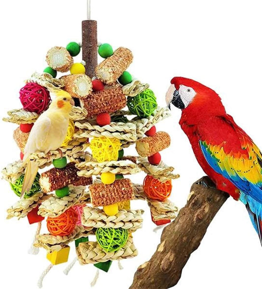Parrot Chew Toy, Natural Material Bird Foraging Toy for Conures, Quaker Parrots, Medium-Sized Birds - Colorful Hanging S