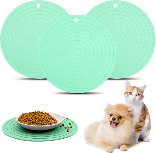 Fhiny 3PCS Silicone Pet Food Mat, 9.5" Round Waterproof Non-Slip Dog Cat Bowl Placemat Preventing Feed and Water Overflo