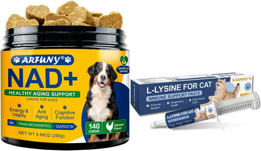 NAD+ Soft Chews for Dogs & L-Lysine for Cats - for Dogs Energy & Vitality, Anti-Aging, Cognitive Function - for Cat Immu