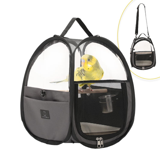 Bird Carrier for Travel with Clear Windows, Breathable Safe Fabric, Lightweight Small Bird Cage with Tray, Stand and Feeder, Portable Pet Bag for Parrot, Vet Visit, Outdoor, Small Animals