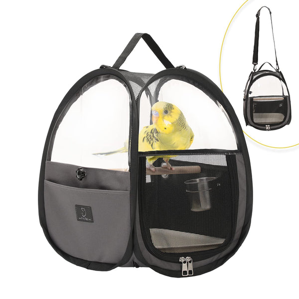 Bird Carrier for Travel with Clear Windows, Breathable Safe Fabric, Lightweight Small Bird Cage with Tray, Stand and Feeder, Portable Pet Bag for Parrot, Vet Visit, Outdoor, Small Animals