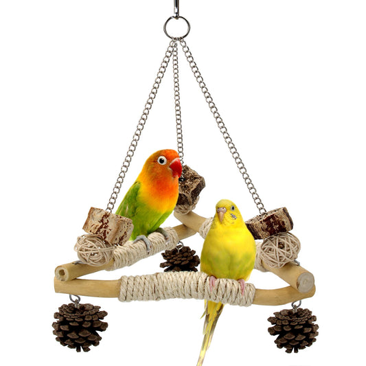 Jevnd Bird Swing for Cage with Chew Toys, 3 Sisal-Wrapped Parrot Perches & Stable Triangle Design, Wooden Hanging Parakeet Toys Swing for Cockatiel Lovebirds Conures Quaker Balance Training (S)
