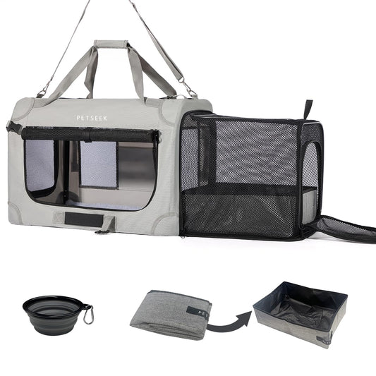 Petseek Extra Large Expandable Cat Carrier Soft Sided for Car, Portable Small Dog Carrier for 2 Cats, 24"x16.5"x16" Road Travel Folding Comfortable Design with Litter Box and Bowl