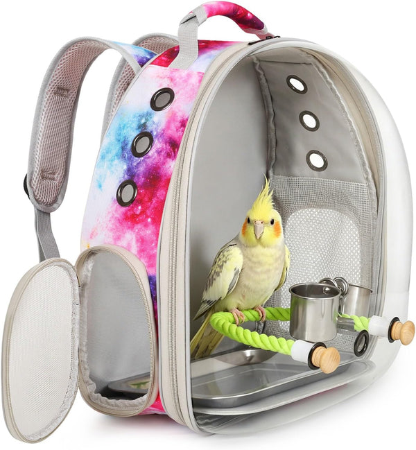 Galaxy Bird Travel Carrier Backpack, Water and Food Cup, Tray and Perch, Clear Bubble Space Capsule Carry Bag