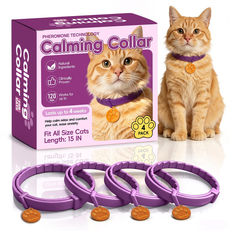 Calming Collar for Cats, 4 Packs Adjustable Calming Cat Collar with Pheromone Scent, with Yellow Gold Pendants, 120 Days Calm Relief for Anxious Cats, 15 Inch, Purple