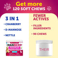 Dog UT Treats - Cranberry Chews for Dogs - Urinary Tract & Bladder Support Supplement with Natural Cranberry Extract - Tasty 120 Soft Bites for Daily Wellness with Fish Oil, Pumpkin, D-Mannose