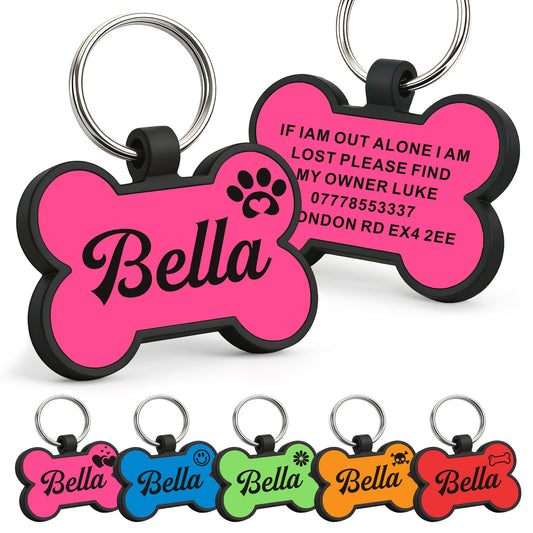Dog Tags Personalized for Pets Silicone Dog Tag Dog Name Tags Personalized Dog Tags Custom Dog Tags Dog ID Tags Personalized Silent Dog Tag Engraved with Any Text (Pink Bone)