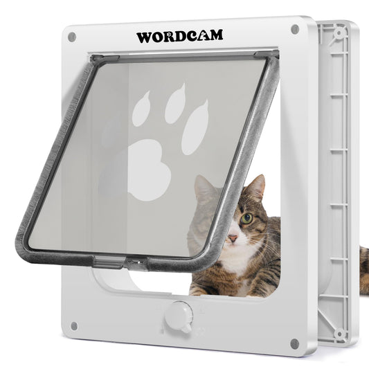 Wordcam X-Large Cat Door, Cat Door for Interior Exterior Doors, 4 Way Locking Pet Door for Cat Up to 25lbs, Cat Flap Privacy Door for Kitten Doggies, Easy Installation, Weatherproof (White, XL)