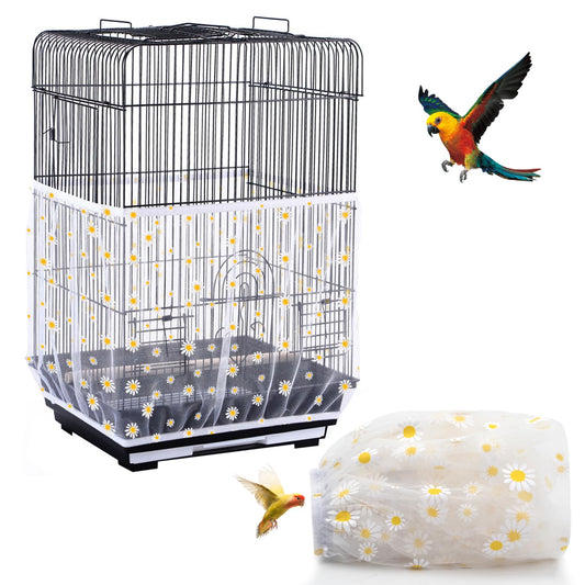 DECKALY Bird Cage Seed Catcher, Seed Catcher Guard Net Cover, Parrot Nylon Mesh Net Cover, Universal Soft Airy Cage Net Stretchy Skirt for Round Square Cages (Daisy-White, 15.7" x87")
