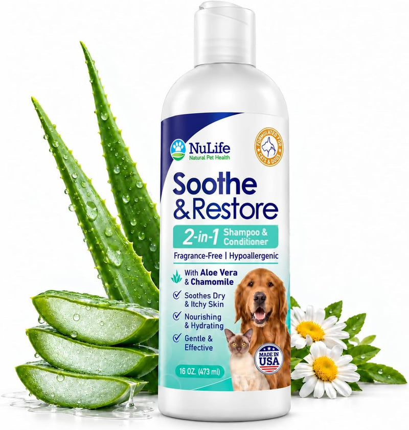2-in-1 Aloe Vera Dog Shampoo and Conditioner for Sensitive, Itchy & Dry Skin, Hypoallergenic Fragrance-Free Formula with