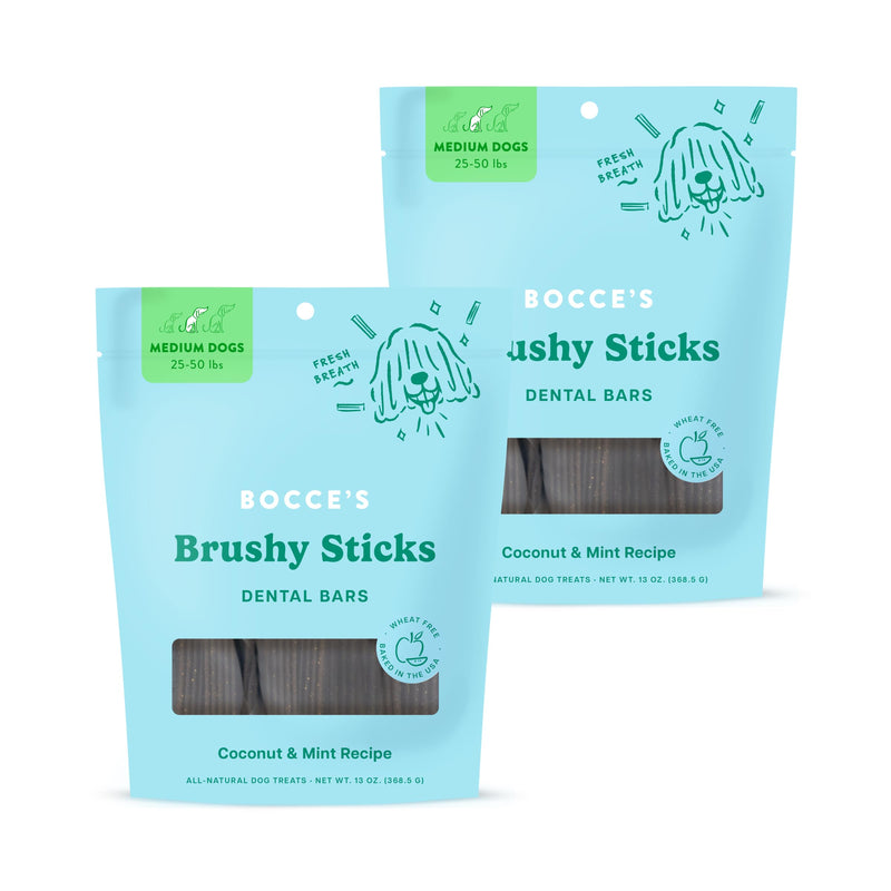 Bocce's Bakery Dental Brushy Sticks for Medium Dogs – Natural, Wheat-Free Dental Bars to Support Oral Health & Fresh Breath, Made with Real Ingredients – Coconut & Mint Recipe (2 Pack Bundle)