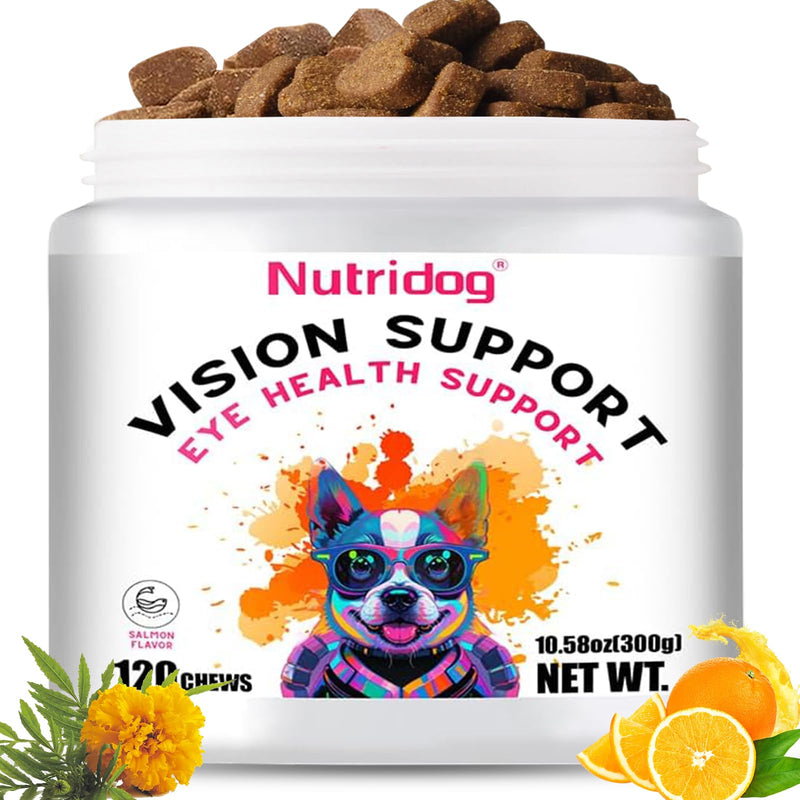 Nutridog Eye Supplements for Dogs - Vision Support Soft Chews with Lutein, DHA & Vitamin C | 120ct Salmon Flavor Tear Stain Chews | Cataract & Dry Eye Relief Supplement (120 Ct, Salmon)