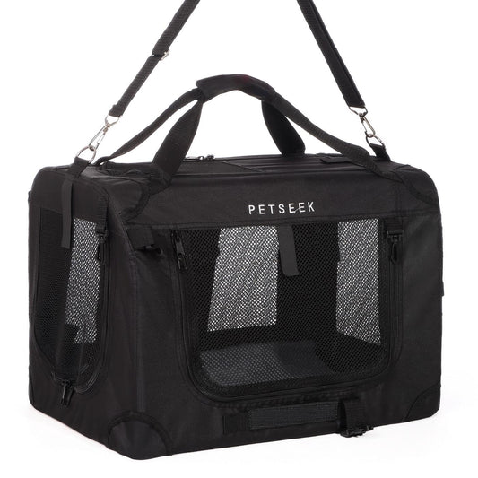 Petseek Large Cat Carrier, Portable Soft Sided Road Car Carrier, for Small Dog or Big Cats, 20"x13"x13" Outside Folding Comfortable Design, Black