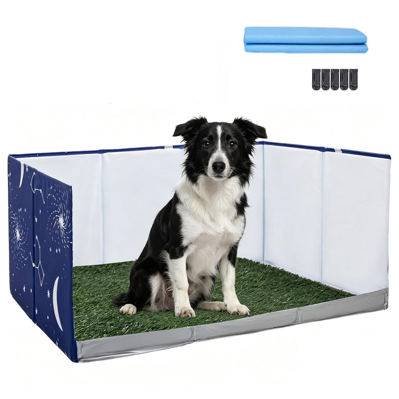 Dog Grass Pad with Tray,Foldable Dog Litter Box with High Walls,Odor Free Artificial Grass Pad for Dog Potty,No Assembly,No Spill, Waterproof, Easy to Clean (Blue star, M-36''Lx23.6''Wx16''H)