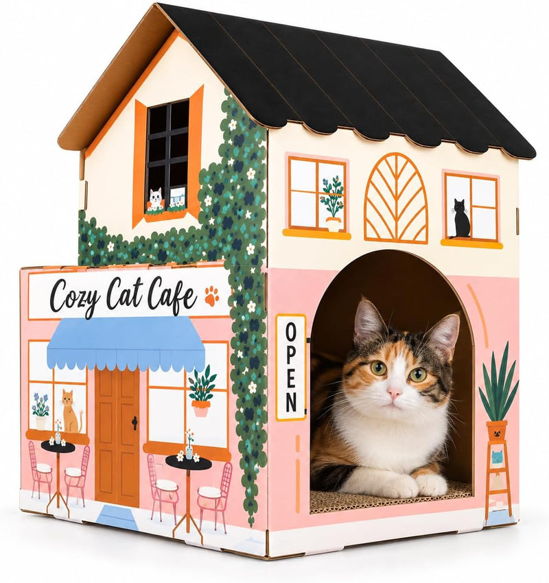 American Cat Club Cat House with Scratcher & Catnip Included - Coffee House