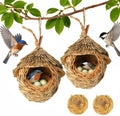 2 Pack Hanging Bird Nest, Handwoven Natural Grass Bird House with Waterproof Roof & Coconut Fiber Padding, Outdoor Bird 