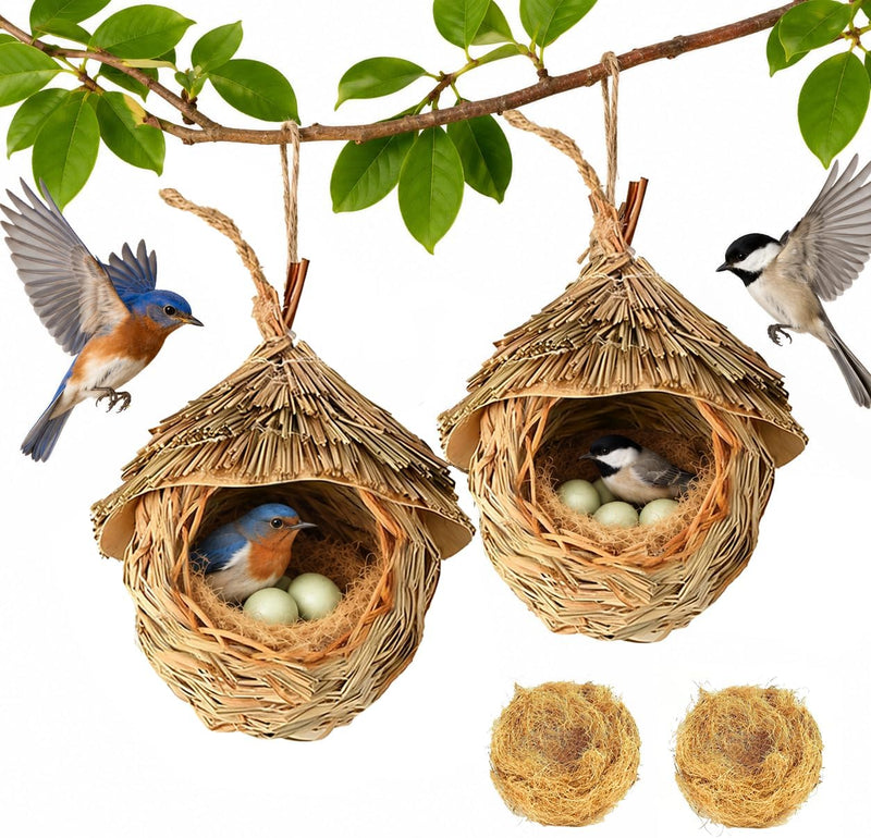 2 Pack Hanging Bird Nest, Handwoven Natural Grass Bird House with Waterproof Roof & Coconut Fiber Padding, Outdoor Bird 