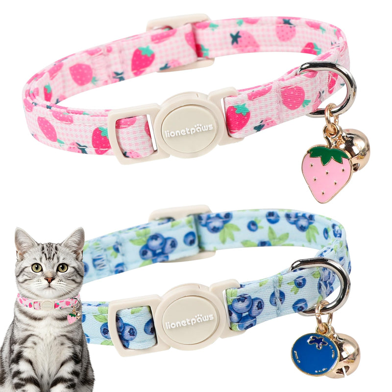 LIONET PAWS 2 Pack Breakaway Cat Collars, Cute Soft Cotton Pink Strawberry & Blueberry Kitten Collars with Bell for Boy Girl Cats