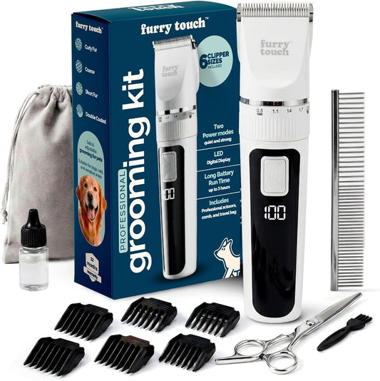 Furry Touch Dog Grooming Kit - 2 Power Modes Quiet & Strong, Cordless Dog Clippers for Grooming & Dogs Hair Trimmer for Groomings, Ceramic Blades, 6 Guide Combs, Rechargeable Trimmer for Cats and Pets