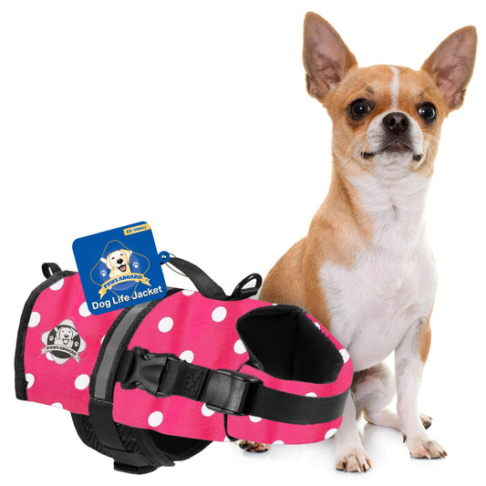 Paws Aboard Dog Life Jacket - Swimming Vest for Dogs, Adjustable, Reflective, Comfortable, Multiple Colors, Patterns, XX-Small to Extra Large Dog Swim Vest with Handle (Pink Polka Dot, XX-Small)