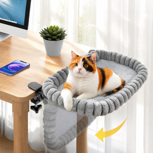 Pawow X-Large Cat Desk Bed - 90° Foldable Space-Saving Cat Beds, 2 Washable Covers (Faux Rabbit Fur & Cool Mesh), Heavy-Duty Frame Supports 40lbs, Easy Install Pet Perch for Office & Game Tables