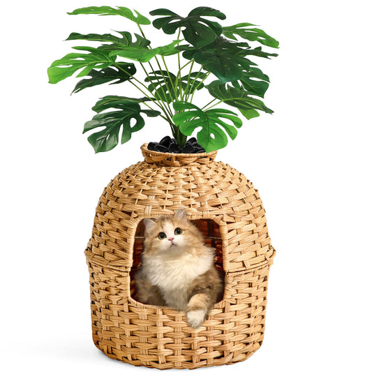 SETVSON Cat Litter Box Plant Furniture Enclosure, Hidden Handwoven Rattan with Cat Litter Box and Artificial Plants, Odor Control Filter, Real Stones in Living Room, Bedroom, Corner Natural
