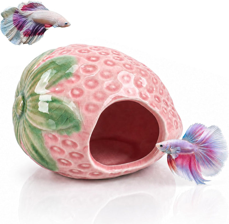 Mechpia Ceramic Aquarium Cave Decor, Strawberry Betta Fish Hideout with Ice Crackle Glaze, Fish Tank Cave Ornament for S