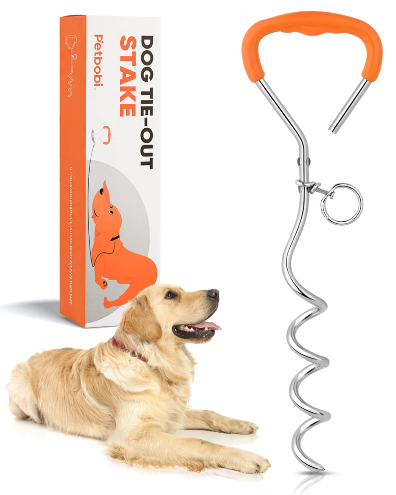 Petbobi Dog Tie Out Stake - 16″ Heavy Duty Dog Anchor for Yard Camping, 9mm Solid Steel, Soft Grip Handle Spiral Stake with No Tangle Connect Ring for Small to Large Pets Up to 120lbs, Orange