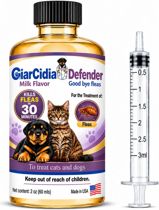 Giarcidia Flea & Tick Support for Cats & Dogs – Oral Suspension, Milk Flavor, 60ml Glass Bottle with 3ml Syringe Dropper – Fast Acting Pet Care Formula