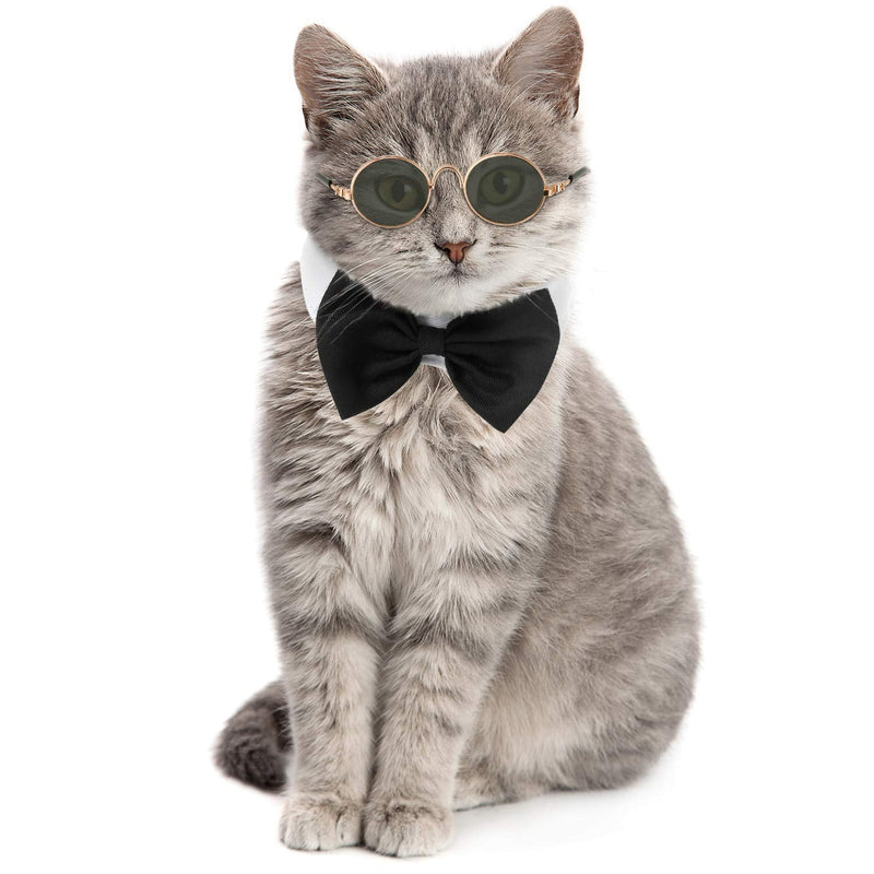 2 Pieces Pets Dog Cat Bowtie Tie Sunglasses Pets Costume Adjustable Formal Necktie Collar for Cats Small Dogs Puppy Round Metal Classic Retro Sunglasses Grooming Accessories Cosplay Party(Black White)