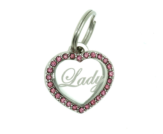 Yippo Accessories Custom Engraved Personalized Stainless Steel SMALL Heart Pink Rhinestones Dog Cat Pet ID Jewelry Bling Tag
