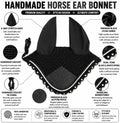 Horse Ear Bonnet for Horses – Handmade Crochet Fly Veil with Crystal Stones, Glitter Patch, Breathable Stretch Ears, Hor