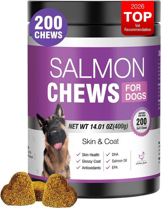 Omega 3 Skin and Coat Supplement for Dogs 200 Chews Dog Fish Oil Supplements with EPA & DHA Fatty Acids Dry Skin Relief for Dogs Shedding Allergy Itching Promotes Heart Hip Joint Health Chicken Flavor