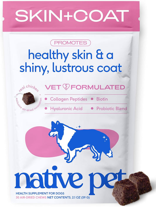 Native Pet Skin & Coat Chews - Omega 3 Fish Oil for Dogs Skin & Coat Supplement - Itch Relief, Shiny Fur & Shedding Support - Collagen, Hyaluronic Acid, Biotin, Probiotics & Salmon Oil - 30 Chews