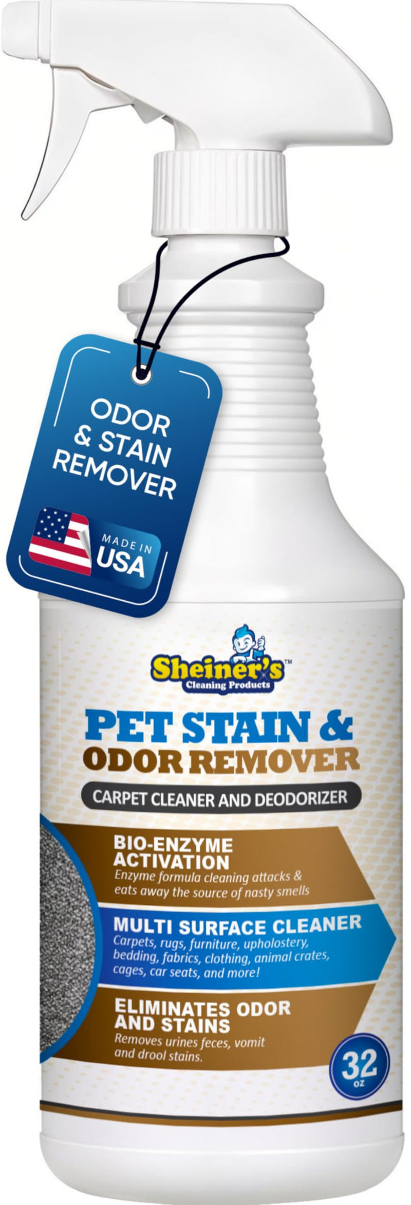 Sheiner's Pet Stain Remover & Pet Odor Eliminator, Advanced Cleaning Bio-Enzyme Cleaner Solution for Carpets, Rugs, Upholstery & Multi-Surfaces, Safe for Pets & Kids. (32 oz)