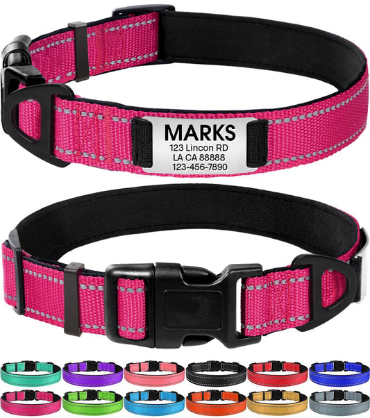 Joytale Personalized Dog Collars with Engraved Name Plate, Silent No Jingle Custom Nylon Collar with Fixed ID Tag, Reflective Soft Neoprene Padded Breathable for for Large Dogs, Hotpink