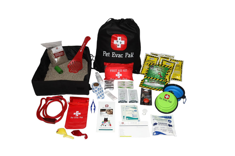 Pet Evac Pak Emergency Kit for Cats in Cinch Bag with First Aid, Food, Water, Litter Box, and Safety Supplies
