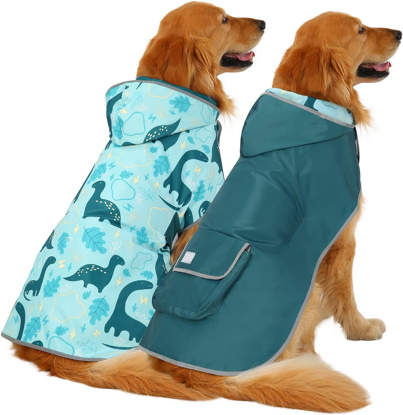 HDE 2-in-1 Reversible Dog Raincoat Hooded Poncho Rain Jacket Teal Dino XL