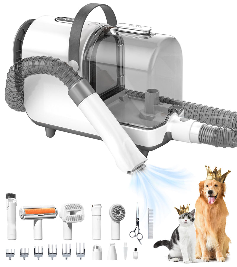 Bunfly Dog Grooming Kit,13000Pa Strong Grooming & Vacuum Suction 99.99% Pet Hair, 16 Pet Grooming Tools for Dogs Cats, 3L Large Capacity Dust Cup, Quiet Pet Vacuum Groomer (Grey)