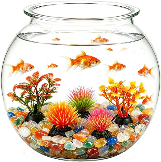 1 Gallon Clear Plastic Fish Bowl Set with 5 Artificial Plants and Colorful Pebbles | Shatterproof Round Aquarium Tank fo