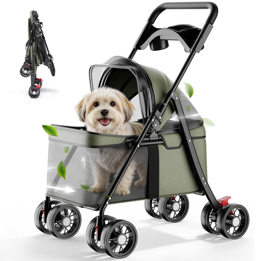 GTPLAYER Foldable Pet Stroller for Small Dogs and Cats, Holds Up to 33 lb, 4-Wheel Stroller with 2 Safety Tethers, Parti