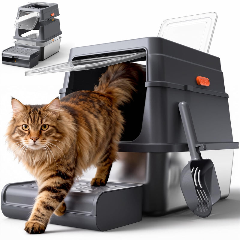 Powools Cat Litter Box - Stainless Steel Litter Box with Lid for Kitty, Metal Base Enclosed Cat Box with Litter Scoop, Elevated Step Box, Activated-Carbon Pack, 17.1