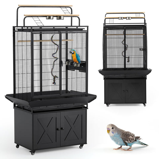 AVAWING 70-Inch Bird Cage with Play Top & Storage Cabinet, Tall Big Bird Flight Cage with Pull-Out Tray, Feeders, Cover, Stand, Rope, Metal Bird Aviary for Macaw Parakeet Cockatiel Budgie, Black