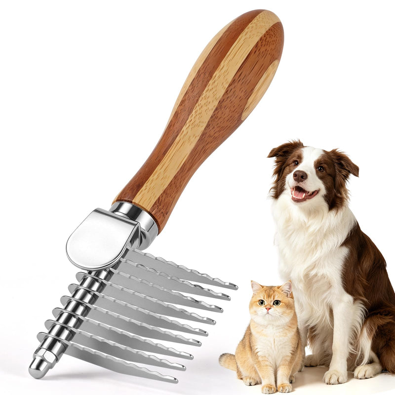 Pet Dematting Comb with Bamboo Handle, Dog Cat Grooming Brush for Removing Mats, Knots, Tangles & Loose Fur, Stainless Steel Undercoat Rake for Long & Short Haired Pets