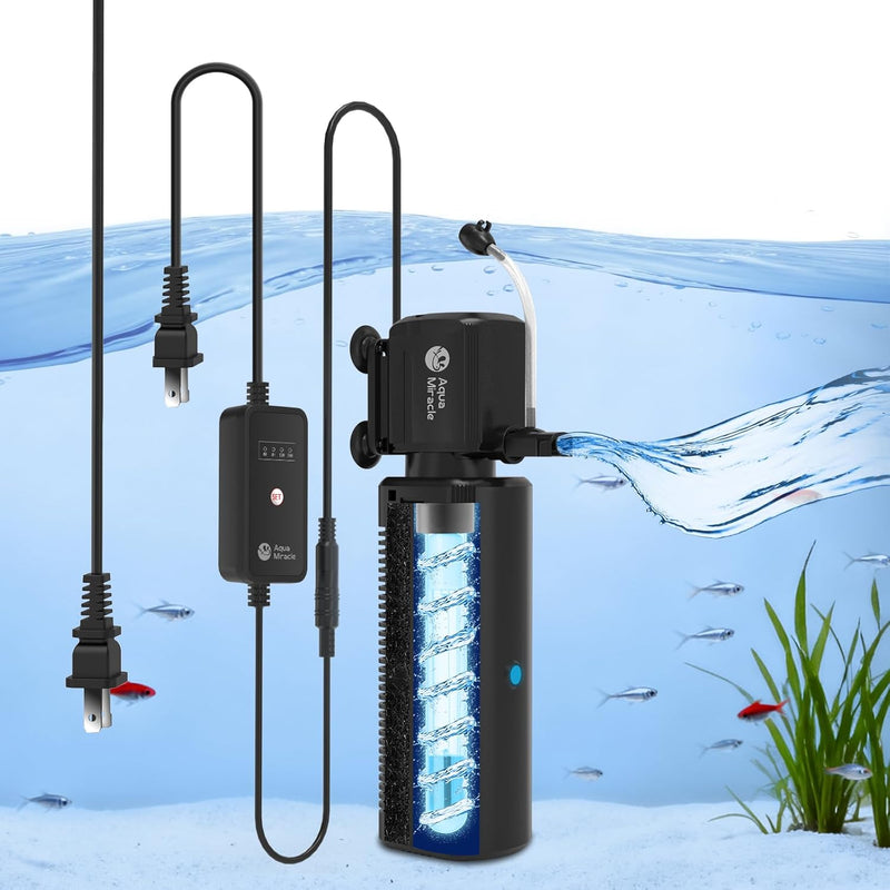 AquaMiracle Fish Tank Filter with Timer & Filter Sponge, 130GPH U - V Aquarium Filter with Aeration & Rainfall Modes, Ef