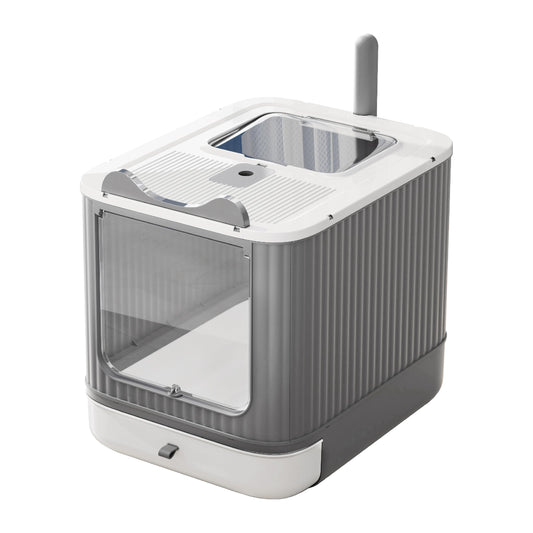 Upgraded Fully Enclosed Cat Litter Box with Lid, Covered Cat Box Enclosure, Anti-Splashing Easy to Clean Kitty Litter Boxes with Drawer, 3 Modes can Use from Kitten to Adult(White&Grey)