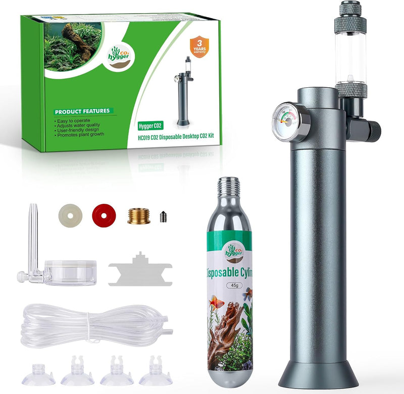 Complete Aquarium CO2 System, Desktop CO2 Regulator with 45g Disposable CO2 Cartridge, Compatible with 5/8