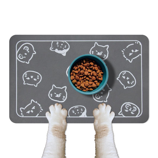 YCT Cat Food Mat for Pet Dog Feeting Mats, Cat Mat for Food and Water, Non-Slip Super Absorbent, with Multiple cat Heads Logo，18.1 x 11.8 inches, Dark Grey